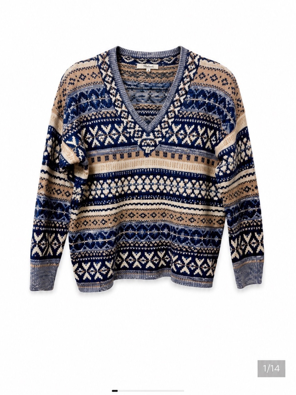 Madewell Forrest Fair Isle Women’s Multicolor,V-Neck Long Sleeve Sweater. Size-M